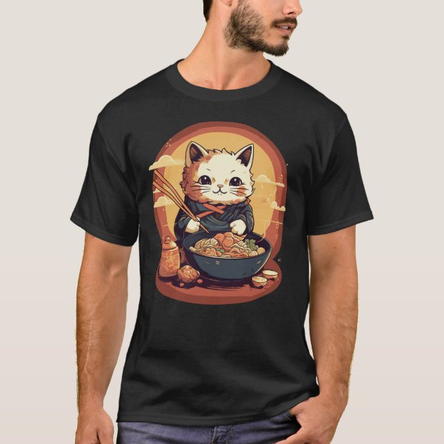 Japanese Neko Kitty Cat Eating Ramen T-Shirt (Front)