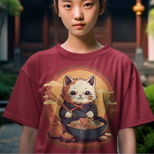 Japanese Neko Kitty Cat Eating Ramen T_Shirt