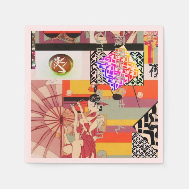 Japanese Neo- Art Deco Collage "No History" Napkins (Front)