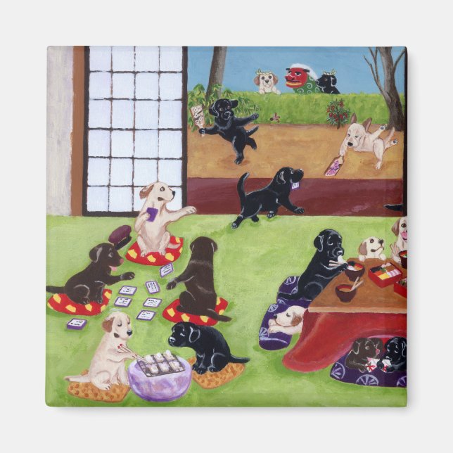 Japanese New Year's Day Labradors Magnet (Front)