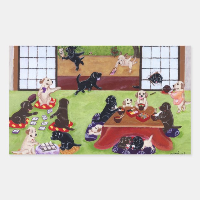Japanese New Year's Day Labradors Rectangular Sticker (Front)