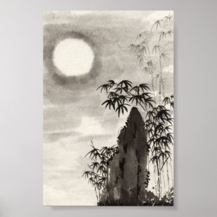 Japanese night moon scenery sumi-e poster