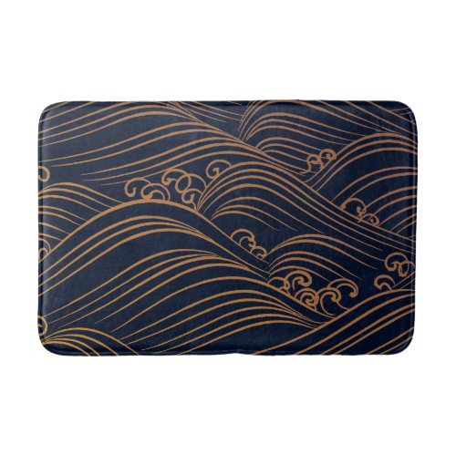 Japanese Ocean Waves Abstract Navy Blue Gold Brown Bath Mat