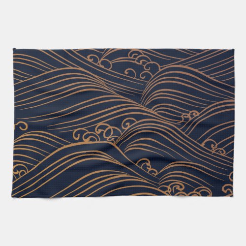 Japanese Ocean Waves Abstract Navy Blue Gold Brown Kitchen Towel