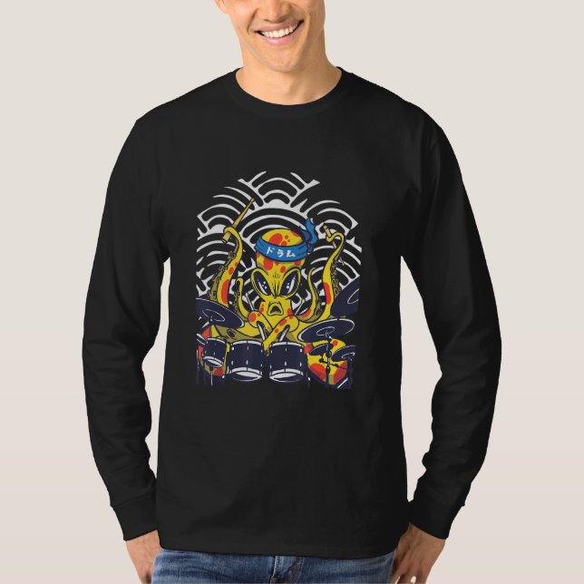 Japanese Octopus Sea Monster Playing Drum Kit T-Shirt (Front)
