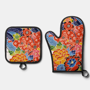Japanese Okinawan Dye (Bingata) Oven Mitt & Pot Holder Set
