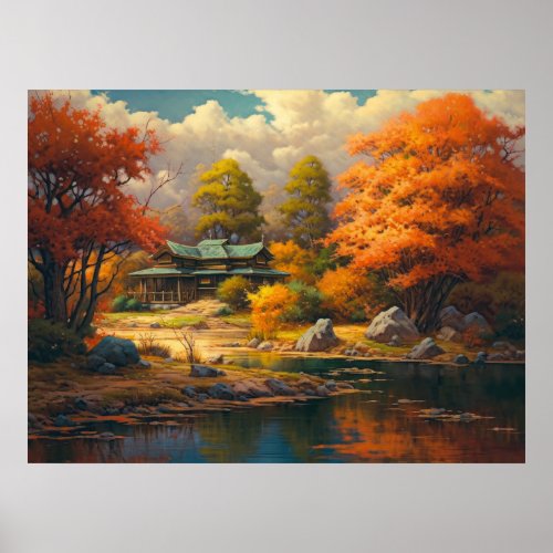 Japanese Old House By The Lake Fine Art Poster