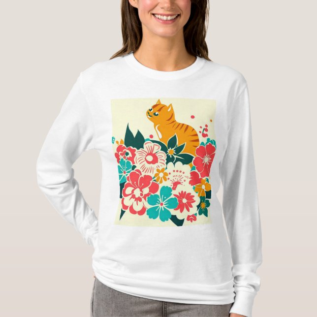 Japanese old scool cat and flowers T-Shirt (Front)