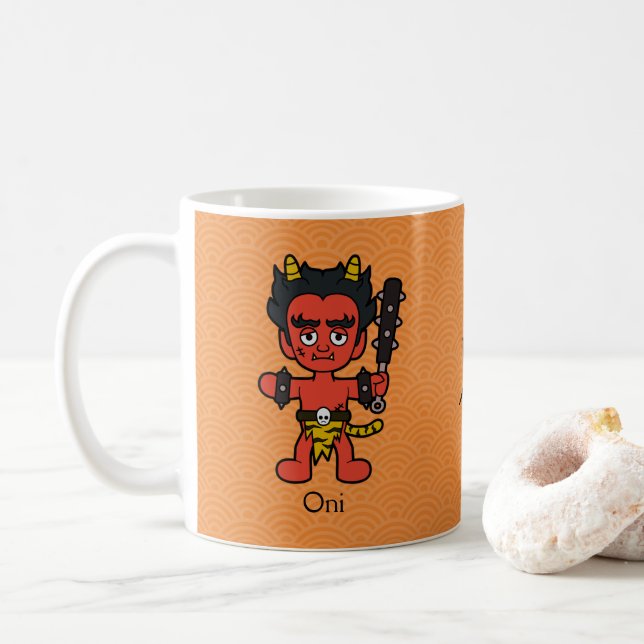 Japanese Oni: Cartoon Yokai Coffee Mug (With Donut)