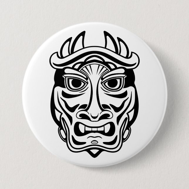 Japanese Oni Mask Tribal Demon Line Art Button (Front)