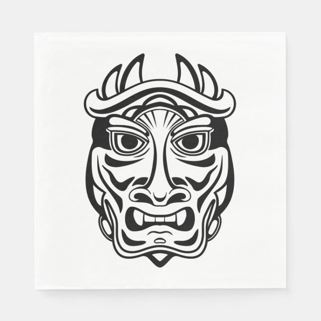 Japanese Oni Mask Tribal Demon Line Art Napkins (Front)