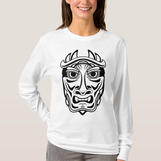 Japanese Oni Mask Tribal Demon Line Art T-Shirt (Front)