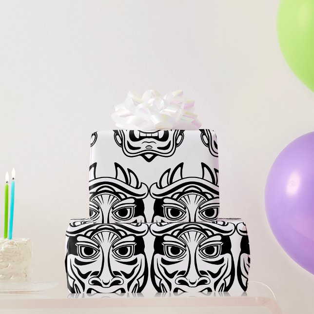 Japanese Oni Mask Tribal Demon Line Art Wrapping Paper (Creator Uploaded)
