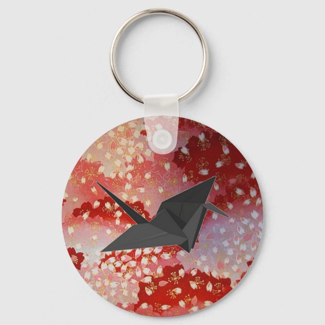 japanese Origami crane pink Sakura cherry blossom Keychain (Front)