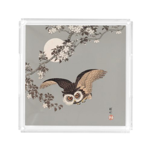 Japanese Owl Night Moon Woodcut Flying Night Acrylic Tray