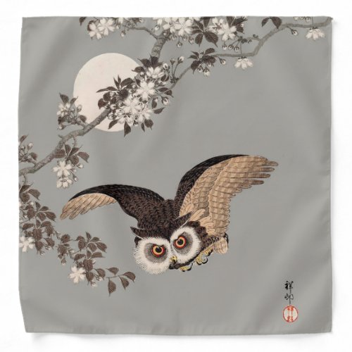 Japanese Owl Night Moon Woodcut Flying Night Bandana