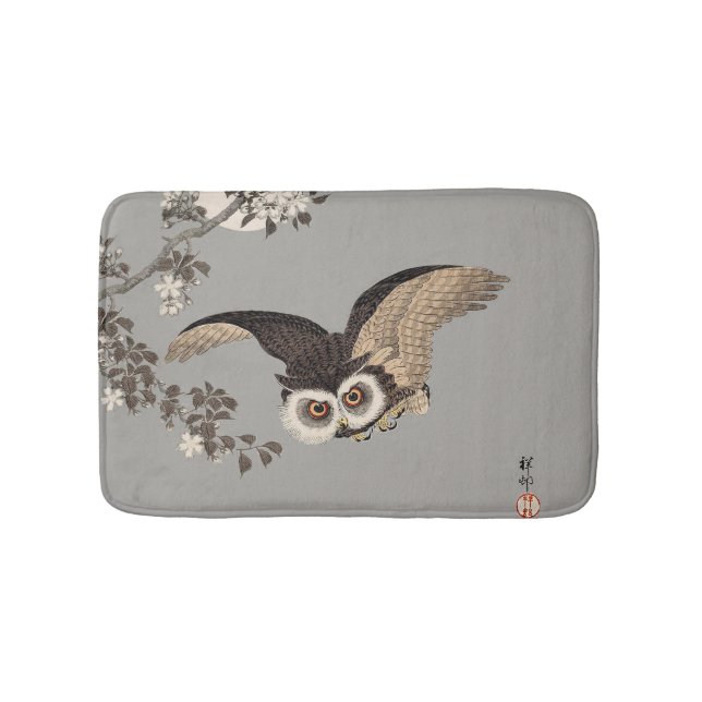 Japanese Owl Night Moon Woodcut Flying Night Bathroom Mat (Front)