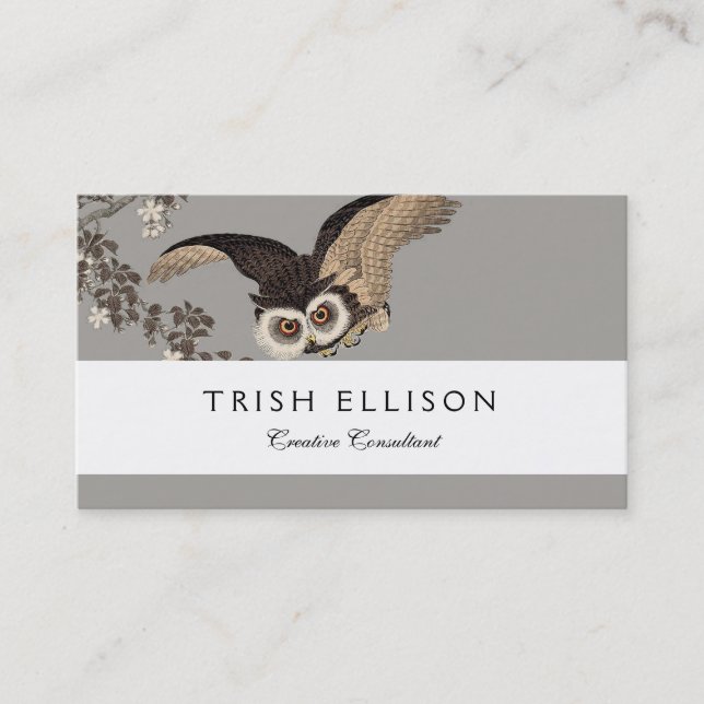 Japanese Owl Night Moon Woodcut Flying Night Business Card (Front)