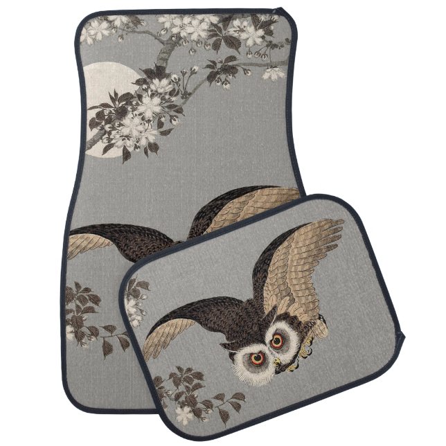 Japanese Owl Night Moon Woodcut Flying Night Car Mat (Set)