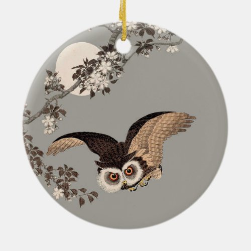 Japanese Owl Night Moon Woodcut Flying Night Ceramic Ornament