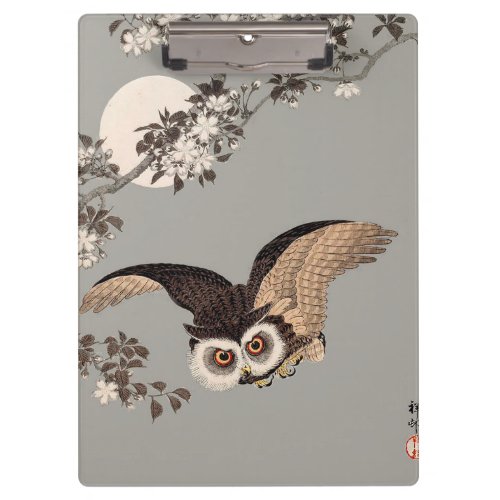 Japanese Owl Night Moon Woodcut Flying Night Clipboard