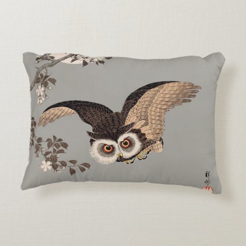 Japanese Owl Night Moon Woodcut Flying Night Decorative Pillow