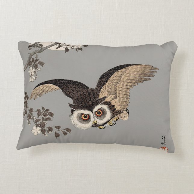 Japanese Owl Night Moon Woodcut Flying Night Decorative Pillow (Back)