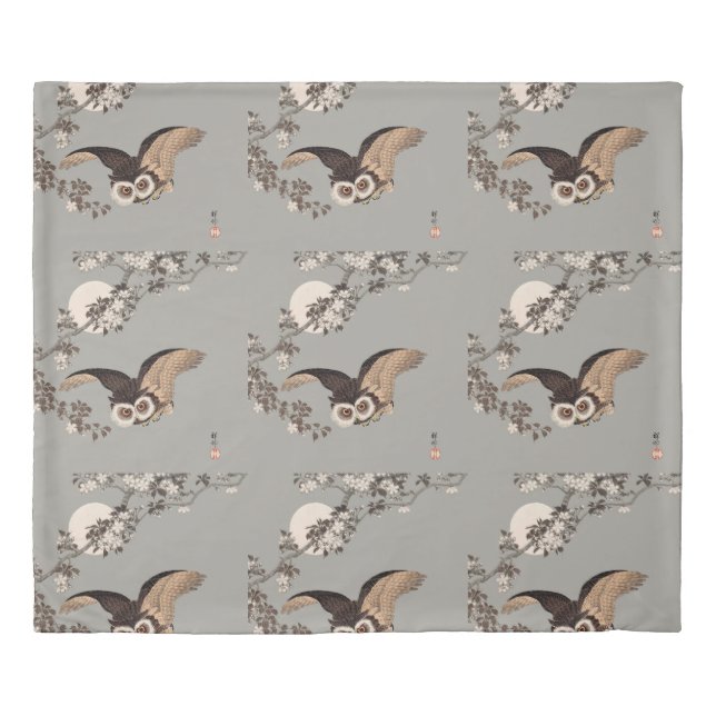 Japanese Owl Night Moon Woodcut Flying Night Duvet Cover (Front)