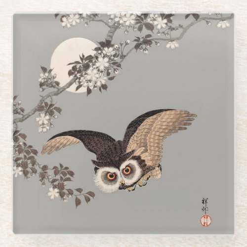 Japanese Owl Night Moon Woodcut Flying Night Glass Coaster