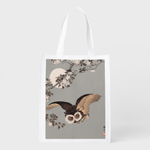Japanese Owl Night Moon Woodcut Flying Night Grocery Bag