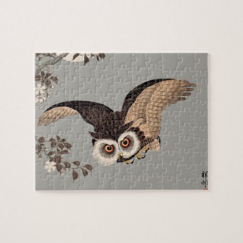 Japanese Owl Night Moon Woodcut Flying Night Jigsaw Puzzle