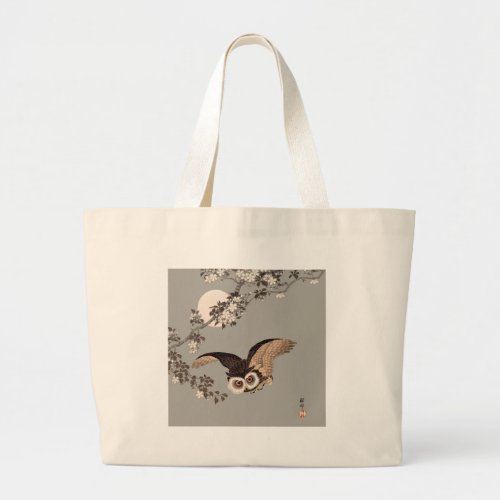 Japanese Owl Night Moon Woodcut Flying Night Large Tote Bag