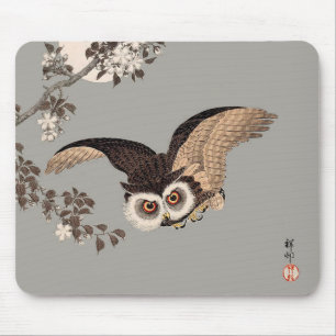 Japanese Owl Night Moon Woodcut Flying Night Mouse Pad