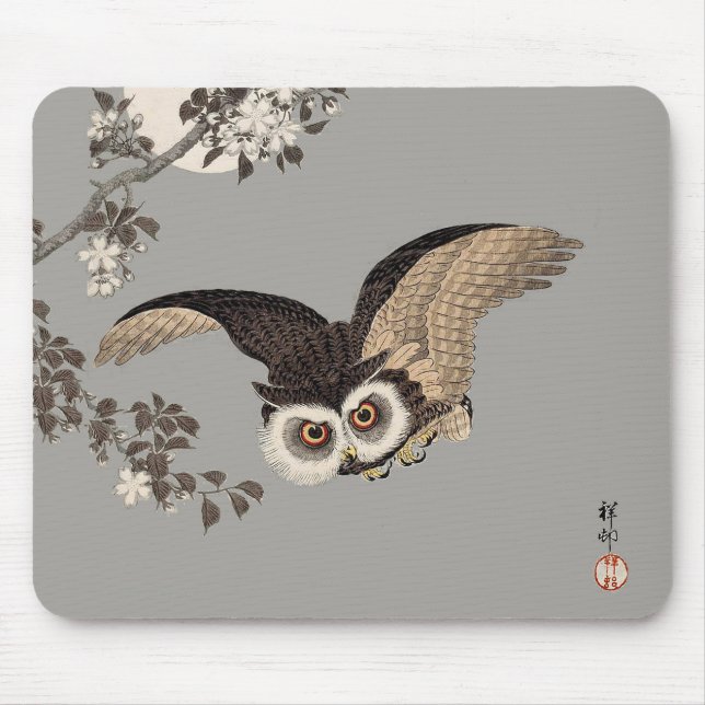 Japanese Owl Night Moon Woodcut Flying Night Mouse Pad (Front)
