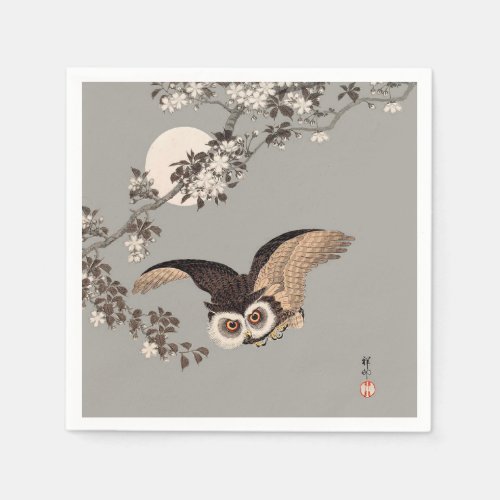 Japanese Owl Night Moon Woodcut Flying Night Napkins