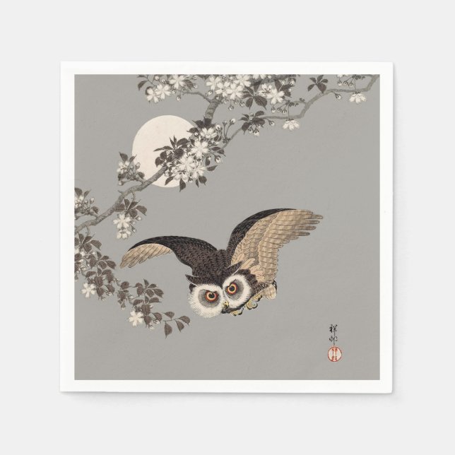 Japanese Owl Night Moon Woodcut Flying Night Napkins (Front)