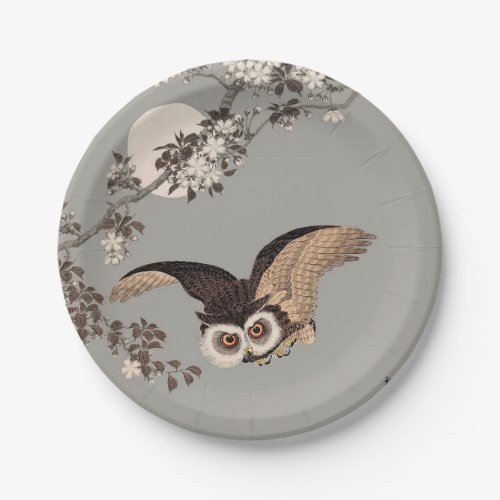 Japanese Owl Night Moon Woodcut Flying Night Paper Plates
