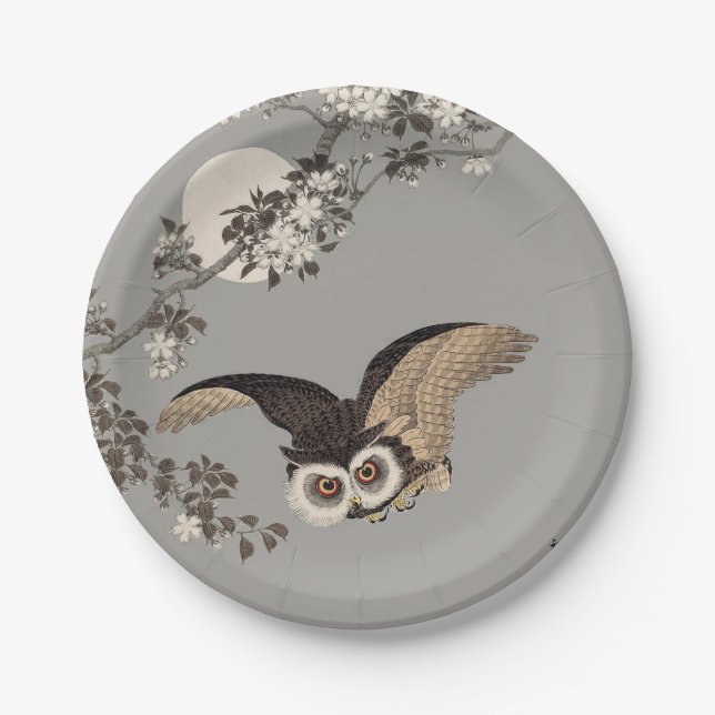 Japanese Owl Night Moon Woodcut Flying Night Paper Plates (Front)