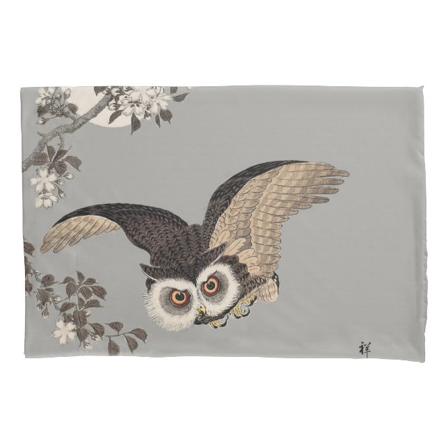Japanese Owl Night Moon Woodcut Flying Night Pillow Case (Front)