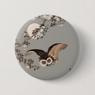 Japanese Owl Night Moon Woodcut Flying Night Pinback Button