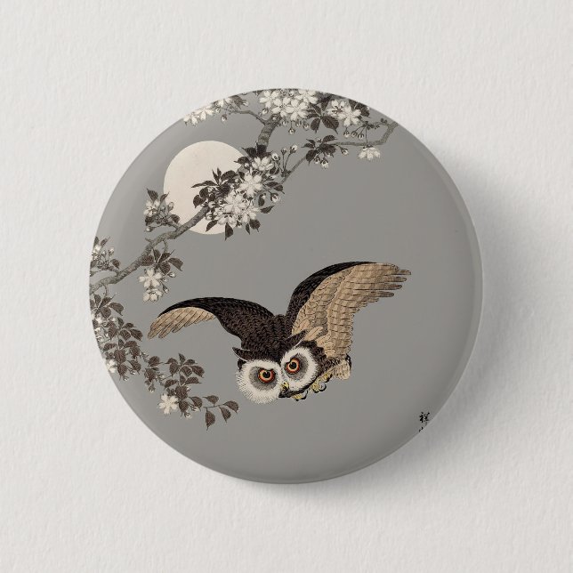 Japanese Owl Night Moon Woodcut Flying Night Pinback Button (Front)
