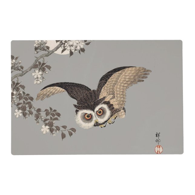 Japanese Owl Night Moon Woodcut Flying Night Placemat (Front)