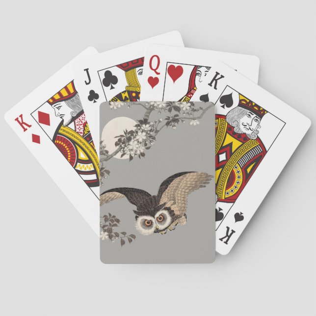 Japanese Owl Night Moon Woodcut Flying Night Poker Cards (Back)