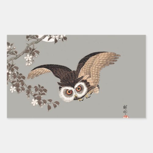 Japanese Owl Night Moon Woodcut Flying Night Rectangular Sticker