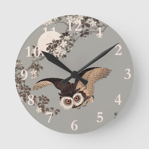 Japanese Owl Night Moon Woodcut Flying Night Round Clock