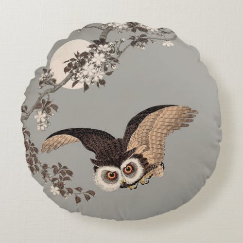 Japanese Owl Night Moon Woodcut Flying Night Round Pillow