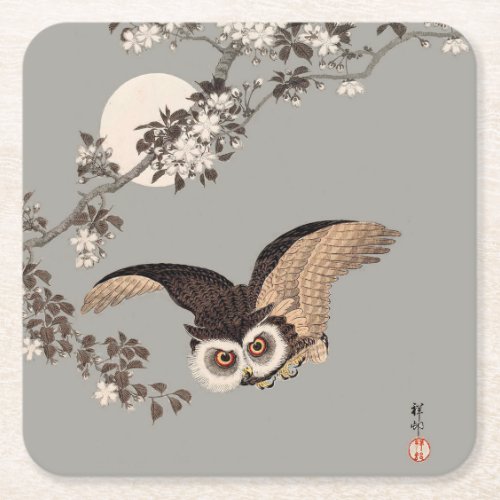 Japanese Owl Night Moon Woodcut Flying Night Square Paper Coaster