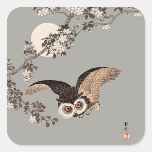 Japanese Owl Night Moon Woodcut Flying Night Square Sticker