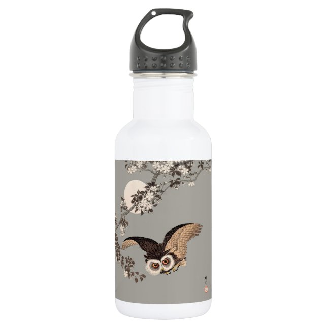 Japanese Owl Night Moon Woodcut Flying Night Stainless Steel Water Bottle (Front)
