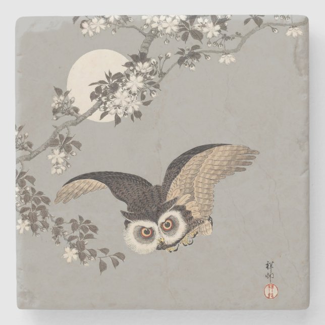 Japanese Owl Night Moon Woodcut Flying Night Stone Coaster (Front)